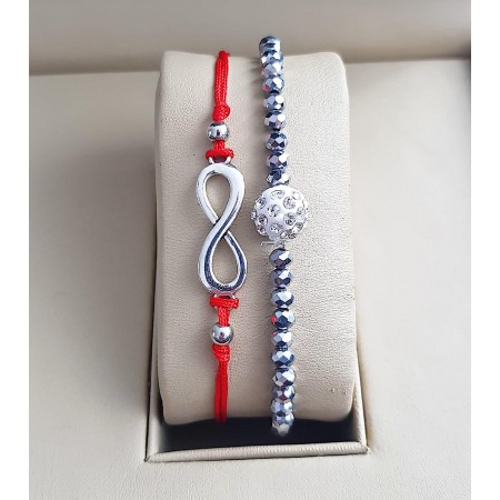 Set 2 Bratari Elegante infinit cu snur rosu si margele gri cu biluta alba